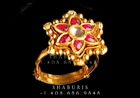 Polki ring,polki diamond finger ring,Pure silver south ruby ring Indian ring ,statement jewelry,adjustable ring-SHABURIS