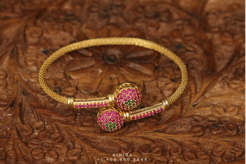Rustic Gold Bangle Type Ruby+Emerald Stone Bracelet
