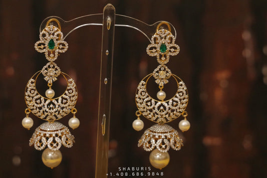 Diamond Jhumka,diamond chandbali,diamond earrings indian,detatchable diamond jhumka,swarovski diamond jhumka,chandbali earrings,silver