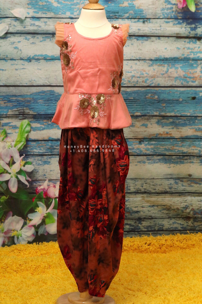 Yellow Floral Print Kurti And Pink Dhoti - Babeehive