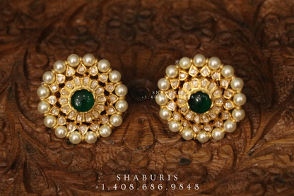 Emerald stud,polki stud,polki diamond jewelry in silver,big studs,indian jewelry,statement jewelry-SHABURIS