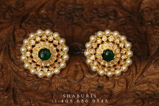 Emerald stud,polki stud,polki diamond jewelry in silver,big studs,indian jewelry,statement jewelry-SHABURIS
