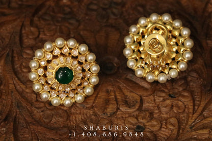 Emerald stud,polki stud,polki diamond jewelry in silver,big studs,indian jewelry,statement jewelry-SHABURIS