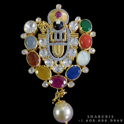 Bollywood Jewelry,Pure Silver Jewellery,Navaratan Balaji Pendent,Big Indian studs,Indian Bridal,Indian Wedding Jewelry-NIHIRA-SHABURIS