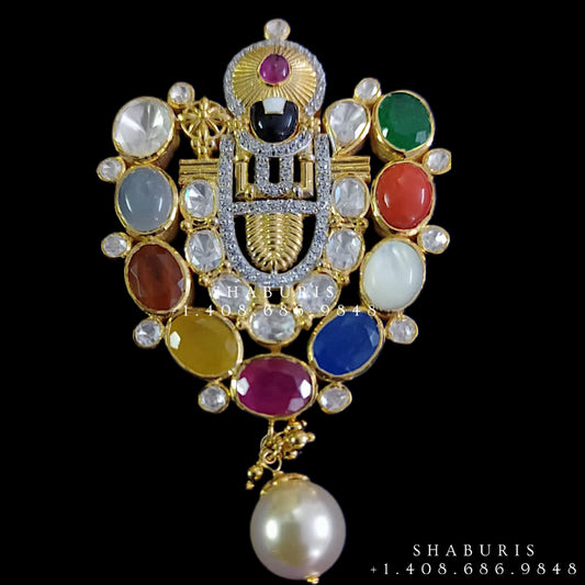 Bollywood Jewelry,Pure Silver Jewellery,Navaratan Balaji Pendent,Big Indian studs,Indian Bridal,Indian Wedding Jewelry-NIHIRA-SHABURIS