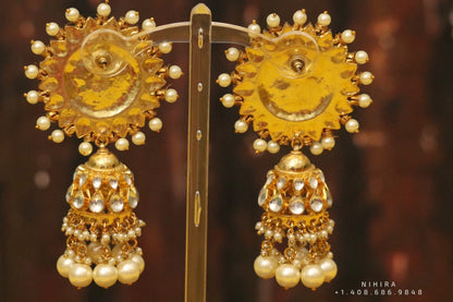 Diamond jhumka,big jhumka,swarovski,south sea pearl earring,party wear earrings,designer jewelry,hand picked jewelry,celebrity jewelry