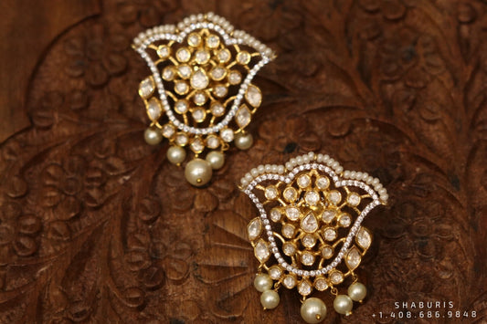 Ravvala jhumka diamond stud,polki stud,polki diamond jewelry in silver,big studs,indian jewelry,statement jewelry-SHABURIS