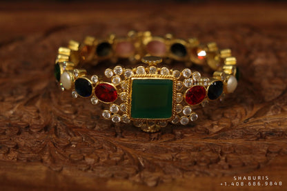 Navaratan bangle,Pure Silver Jewellery Indian ,Moissanite Bangles,Indian Bangles,Navatan Bangles,Multi Color Stone Jewelry,Polki Bangle