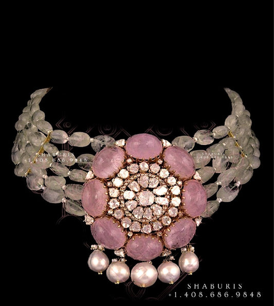Polki necklace, pendent,Pure silver polki choker Indian necklace ,pearls emerald-SHABURIS