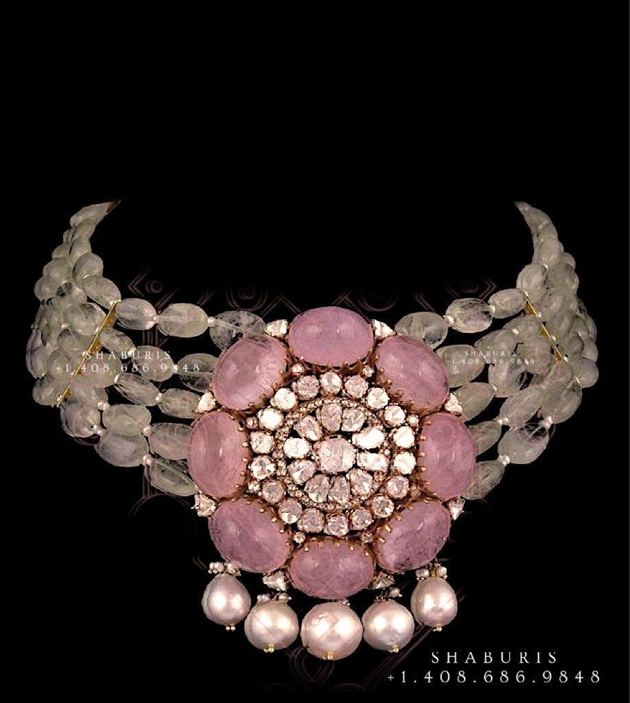 Polki necklace, pendent,Pure silver polki choker Indian necklace ,pearls emerald-SHABURIS