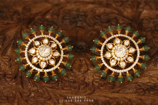 Polki jhumka,indian jewelry,Cocktail Earrings,jhumka Jewelry in Silver,Indian Earrings,Indian Jewelry,flat diamond studs-NIHIRA-SHABURIS