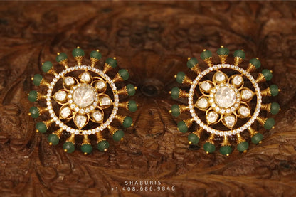 Polki jhumka,indian jewelry,Cocktail Earrings,jhumka Jewelry in Silver,Indian Earrings,Indian Jewelry,flat diamond studs-NIHIRA-SHABURIS