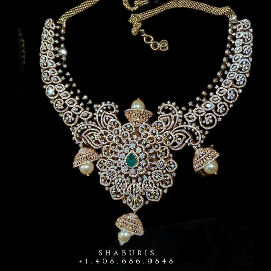 Diamond Necklace Pure Silver jewelry Indian ,diamond Necklace,Indian Necklace,Indian Bridal,Indian Wedding Jewelry-NIHIRA-SHABURIS