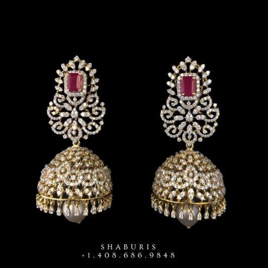 Diamond Jhumka ,diamond earrings,Pure silver Jhumkas Indian,Indian Earrings,Indian Wedding Jewelry -NIHIRA-SHABURIS