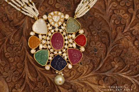 Navaratan necklace,emerald string,ruby kundan,pendent necklace,statement jewelry,indian jewelry,bridal jewelry,Traditional jewelry