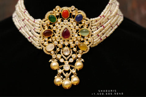 Navaratan choker,Pure Silver jewelry Indian, diamond choker set,Sabyasachi jewelry inspired,Indian Bridal,Indian Jewelry-NIHIRA-SHABURIS