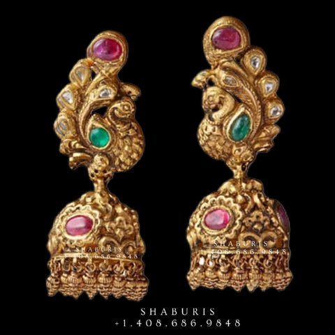 Antique Jhumka,antique buttalu indian,indian gold earrings,chandbali jhumka,ruby emerald jhumka,chandbali earrings,silver -SHABURIS