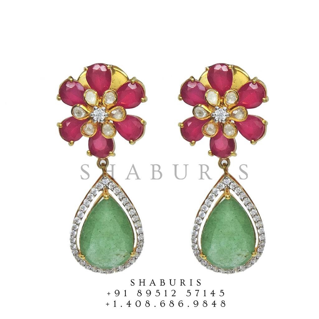 Ruby jhumka,indian jewelry,Cocktail Earrings,jhumka Jewelry in Silver,Indian Earrings,Indian Jewelry,flat diamond studs-NIHIRA-SHABURIS