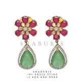 Ruby jhumka,indian jewelry,Cocktail Earrings,jhumka Jewelry in Silver,Indian Earrings,Indian Jewelry,flat diamond studs-NIHIRA-SHABURIS