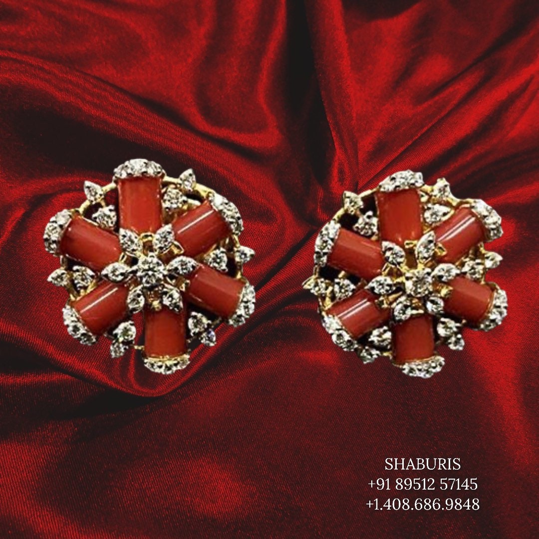 Coral studs coral earrings pure silver jewelry diamond studs gold jewelry look a like indian earrings jhumkas beaded jewelry SHABURIS