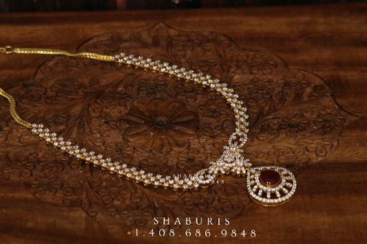 Diamond Necklace South Indian Jewelry,Pure silver diamond  choker,indian bridal ,Indian Wedding Jewelery,ruby diamond - NIHIRA - SHABURIS