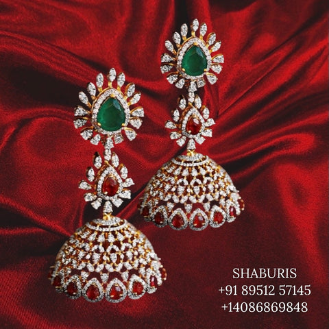 Diamond jhumka ,Pure Silver Jewelry design indian gold design ruby jhumka emerald jhumka hyderabadi jewelry indian gold jewelry -SHABURIS