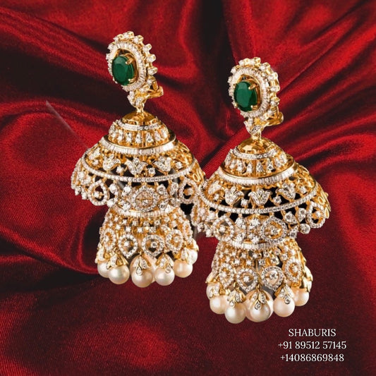 Diamond Jhumka ,diamond earrings,Pure silver Jhumkas Indian,Indian Earrings,Indian Wedding Jewelry -NIHIRA-SHABURIS
