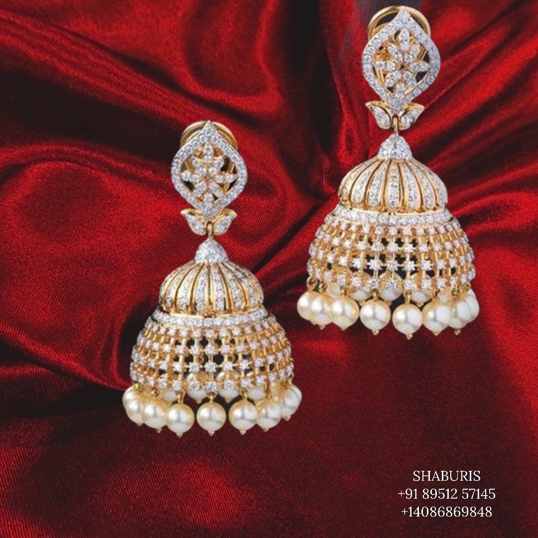 Diamond Jhumka ,diamond earrings,Pure silver Jhumkas Indian,Indian Earrings,Indian Wedding Jewelry -NIHIRA-SHABURIS