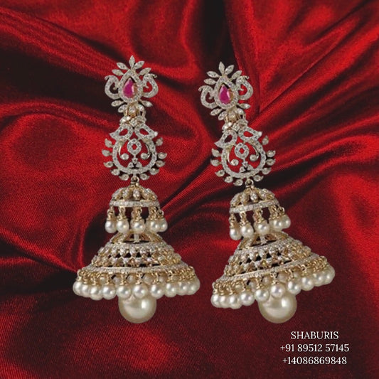 Diamond Jhumka,diamond chandbali,diamond earrings indian,detatchable diamond jhumka,swarovski diamond jhumka,chandbali earrings,silver