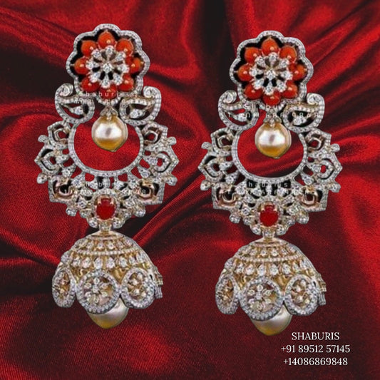 Diamond Jhumka,diamond chandbali,diamond earrings indian,detatchable diamond jhumka,swarovski diamond jhumka,chandbali earrings,silver