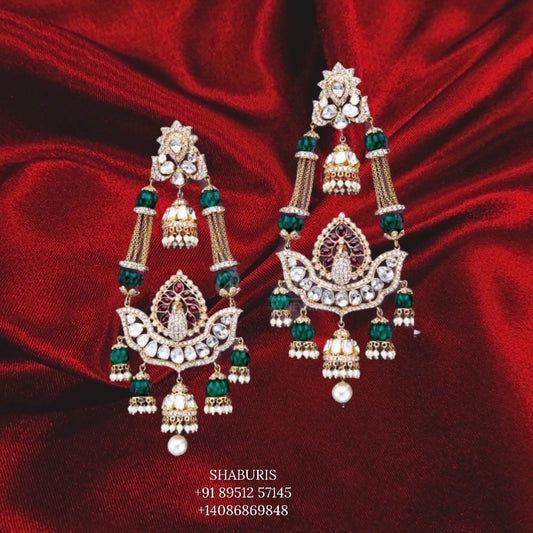 Tassel earrings,swarovski pearls,sabyasachi jewelry inspired Traditional indian Jewelery,Polki earrings,Pure silver jewelry-NIHIRA