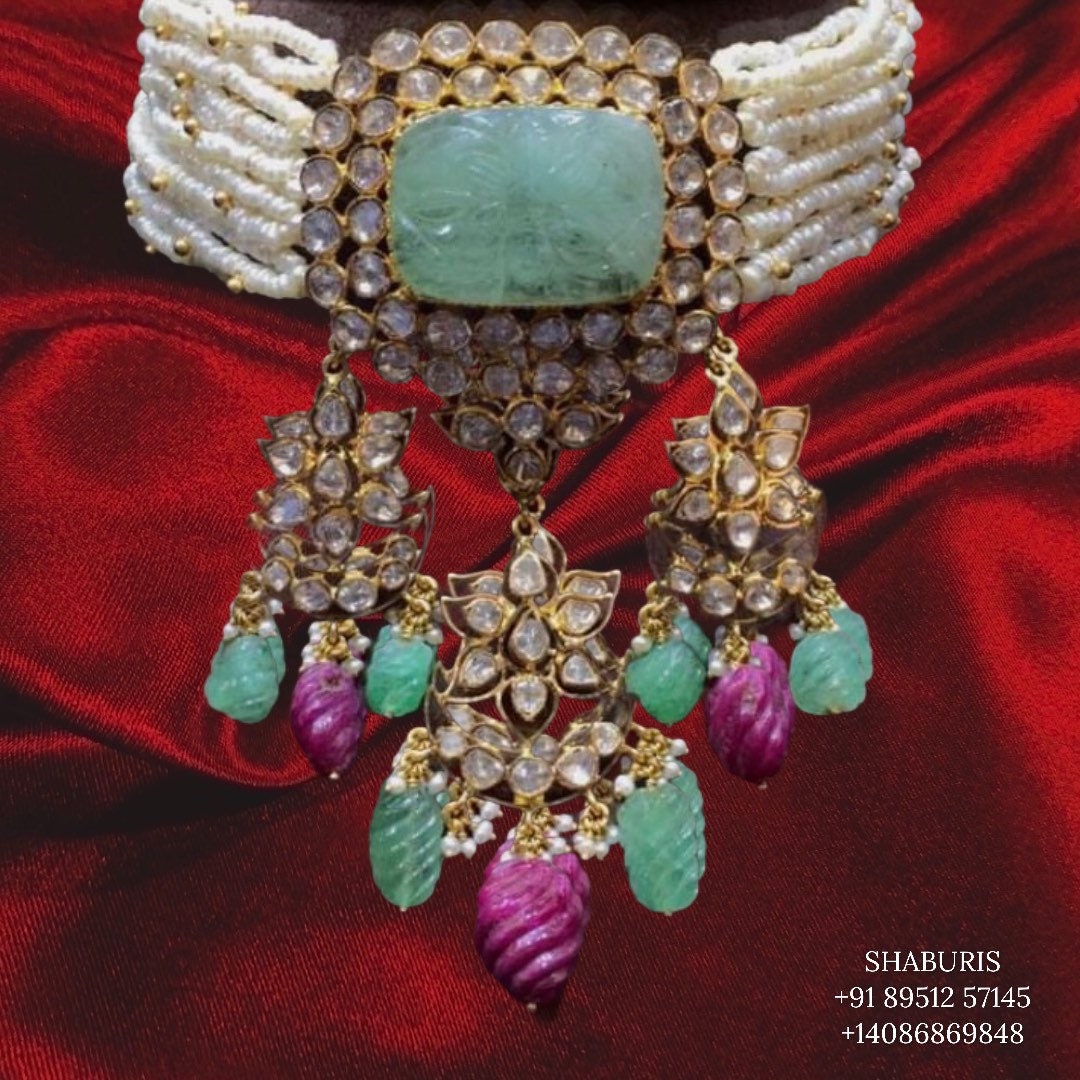 Kundan set,Latest Indian Jewelry,South Indian Jewelry,Pure silver kundan necklace Indian,Indian Kundan,Guttapusalu beads,-NIHIRA-SHABURIS