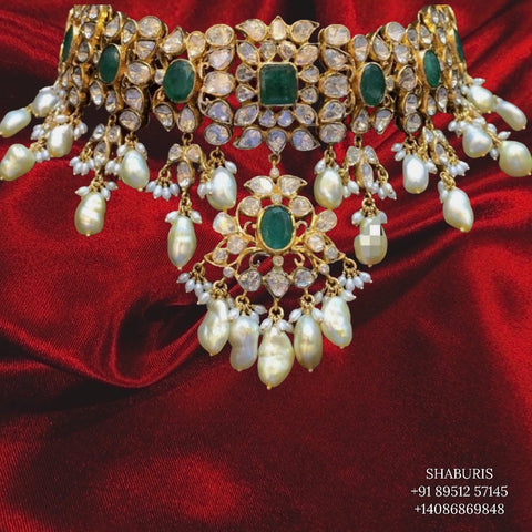 Polki Jewelry,Latest Indian Jewelry,South Indian Jewelry,Pure silver Big choker Indian,Indian Earrings,Stud Earring,-NIHIRA-SHABURIS