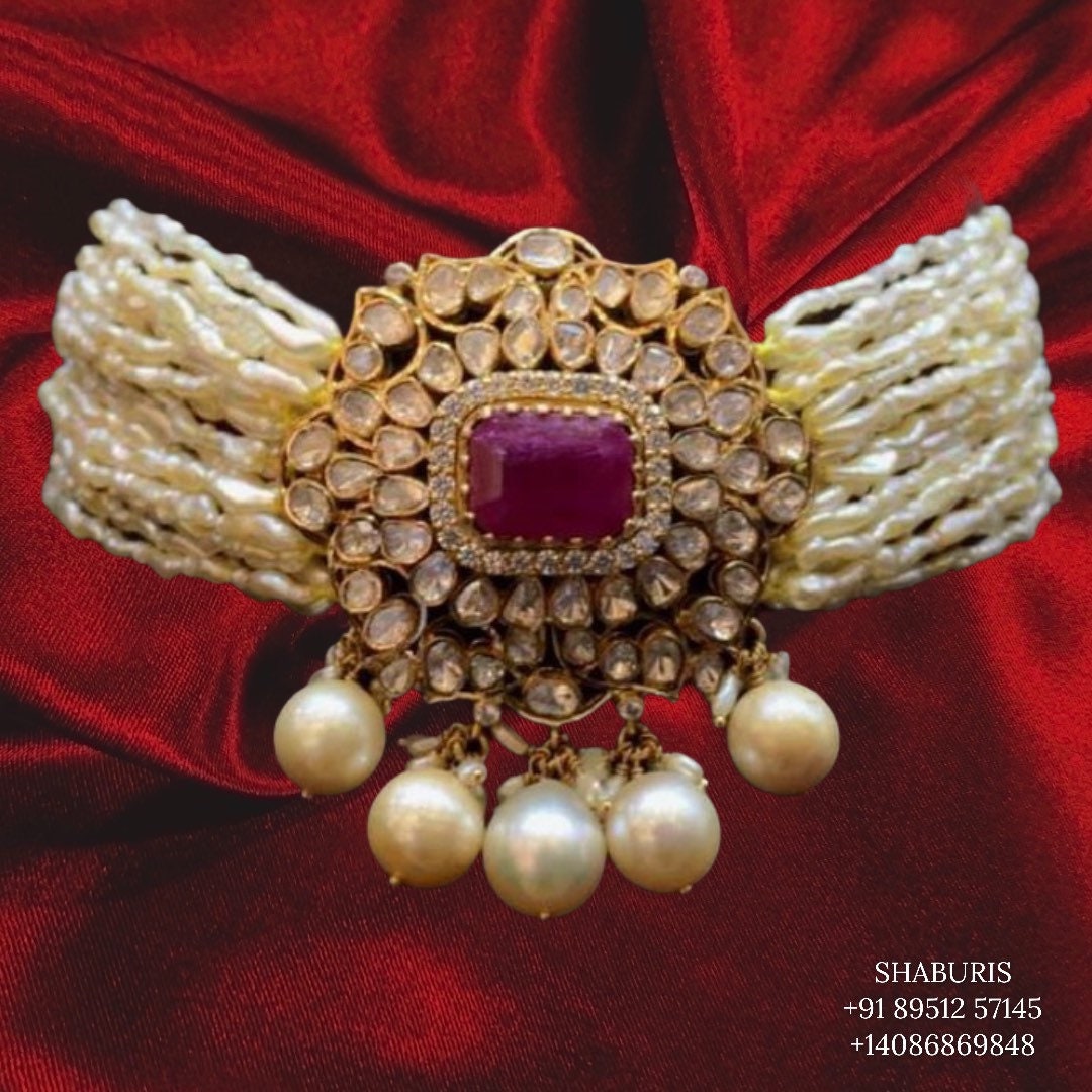 Rice Pearl choker,Latest Indian Jewelry,South Indian Jewelry,Pure silver jewelry,pearl carved emerald set,victorian pendent-SHABURIS