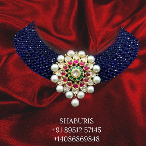 Blue saphire Diamond Choker Pure Silver jewelry Indian ,diamond Necklace,Indian Necklace,Indian Bridal,Indian Wedding Jewelry--SHABURIS