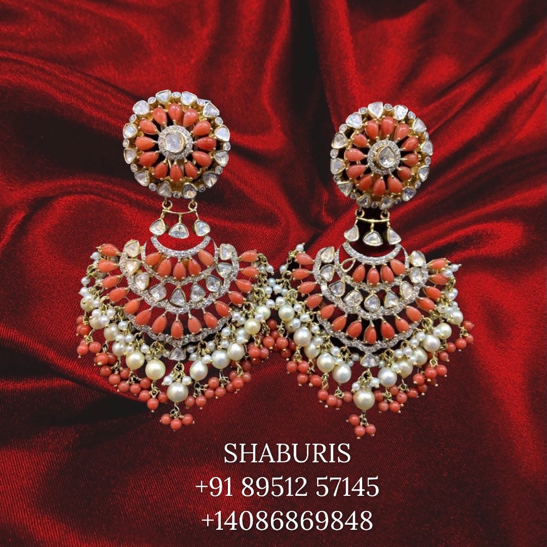 Coral hanging earrings, diamond jhumka ear ring,Pure silver south indian jewelry 925 silver jewelry indian lyte weight jewelry-SHABURIS