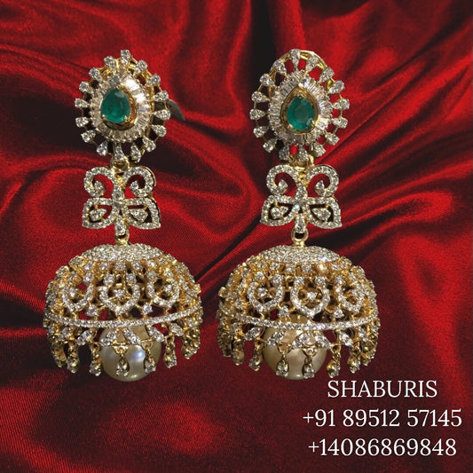 Diamond hanging earrings, diamond jhumka ear ring,Pure silver south indian jewelry 925 silver jewelry indian lyte weight jewelry-SHABURIS