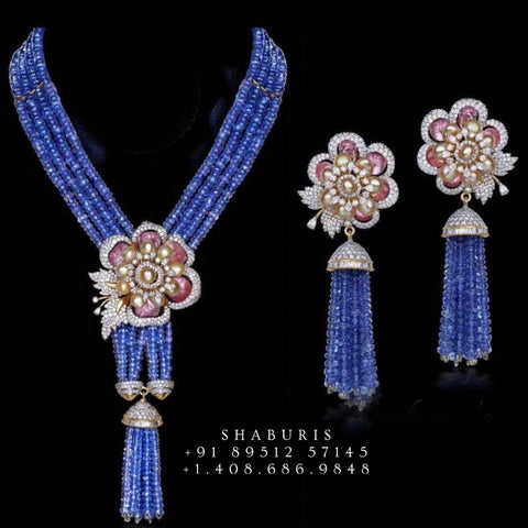 Tanzanite pendant set swarovski chain,sabyasachi jewelry inspired Traditional indian Jewelery,Polki haram,Pure silver jewelry-NIHIRA