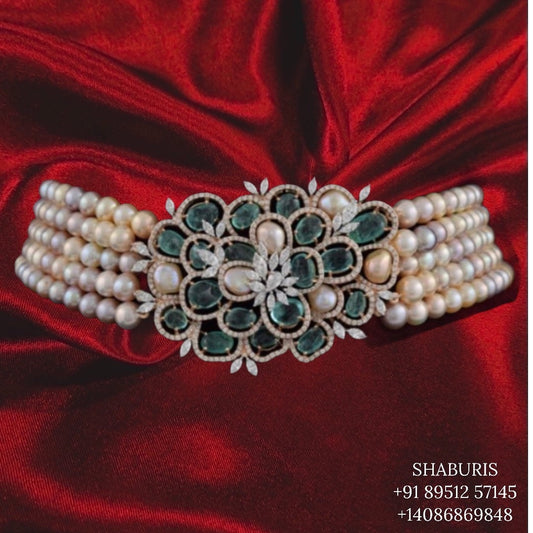 Pearl choker,kundan ,polki , pearl,Heavy choker,Sabyasachi Jewelry inspired,indian Jewelery,Polki haram,Pure silver jewelry-NIHIRA
