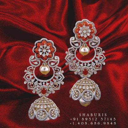 Diamond jhumka,coral Diamond Jhumka Jewelry Designs,South Indian Jewelry,Jhumka Earrings,Jhumki,coral  indian jewellery Designs -NIHIRA