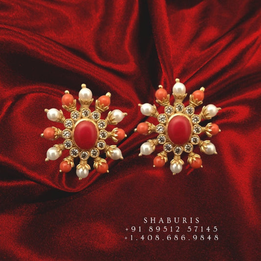 Coral pearl earrings Pure Silver jewelry Indian ,diamond studs ,Indian jewelry set ,gold jewelry look a like silver earrings-NIHIRA-SHABURIS