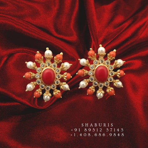 Coral pearl earrings Pure Silver jewelry Indian ,diamond studs ,Indian jewelry set ,gold jewelry look a like silver earrings-NIHIRA-SHABURIS