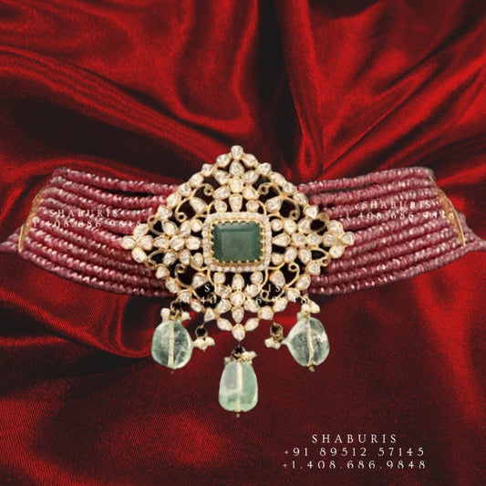 Ruby choker,polki diamond pendent,Pure silver south sea pearl choker Indian necklace ,statement jewelry,pendent ,Moissanite-NIHIRA-SHABURIS