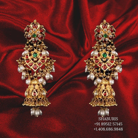 Antique Jhumka,antique buttalu indian,indian gold earrings,chandbali jhumka,ruby emerald jhumka,chandbali earrings,silver