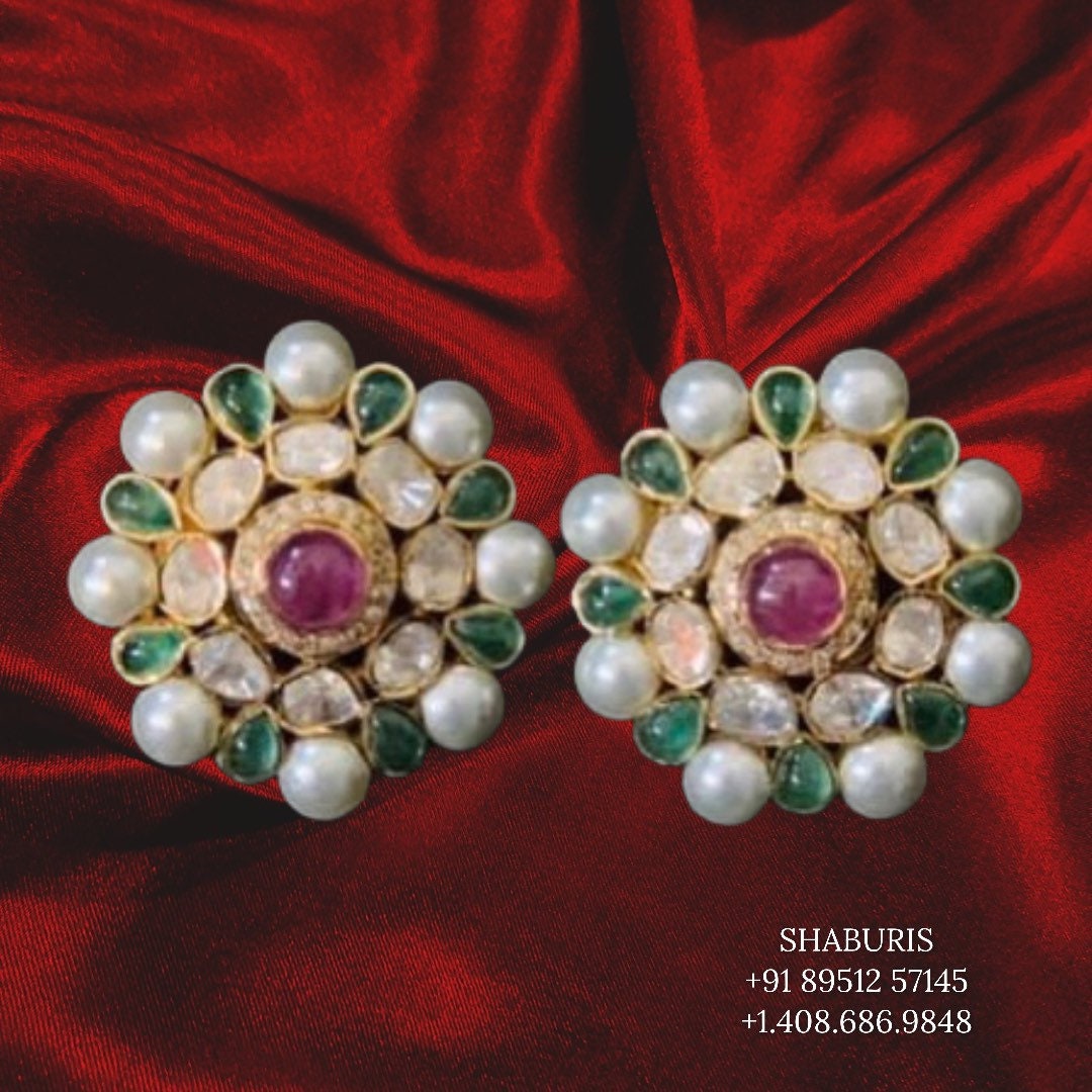 Polki studs polki jewelry,polki diamond uncut Sterling Silver Jewelry,bridal kundan set,emerald  earrings,jhumkas,simple jewelry pure silver