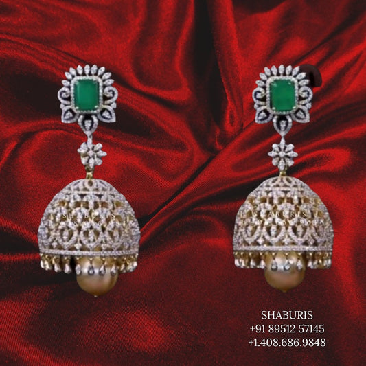 Diamond Jhumka ,diamond earrings,Pure silver Jhumkas Indian,Indian Earrings,Indian Wedding Jewelry -NIHIRA-SHABURIS