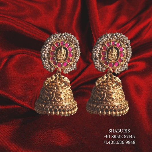 Nakshi temple lakshmi pearl jewelry indian gold jewelry designs pure silver jewelry antique jhumkas pearl jhumka studs - SHABURIS
