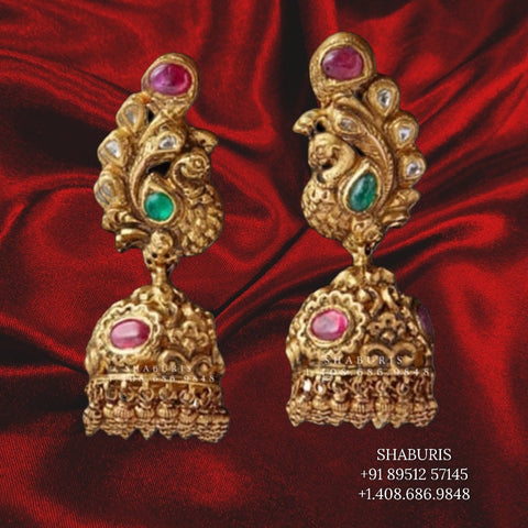 Antique Jhumka,antique buttalu indian,indian gold earrings,chandbali jhumka,ruby emerald jhumka,chandbali earrings,silver -SHABURIS