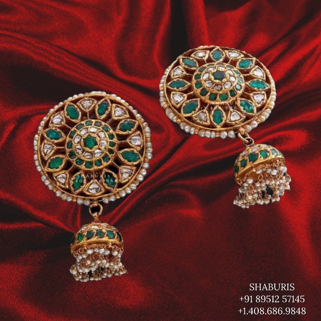 Antique Jhumka,antique buttalu indian,indian gold earrings,chandbali jhumka,ruby emerald jhumka,chandbali earrings,silver -SHABURIS