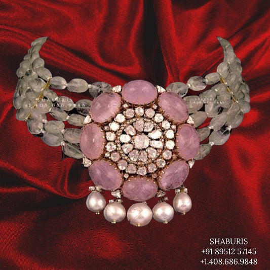 Polki necklace, pendent,Pure silver polki choker Indian necklace ,pearls emerald-SHABURIS